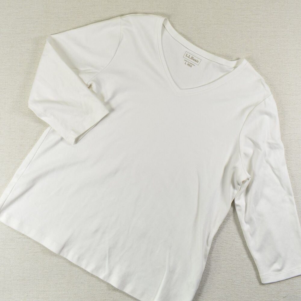 LL Bean Top Women Medium 3/4 Sleeve Shirt White Cotton Basics Everyday Staple M